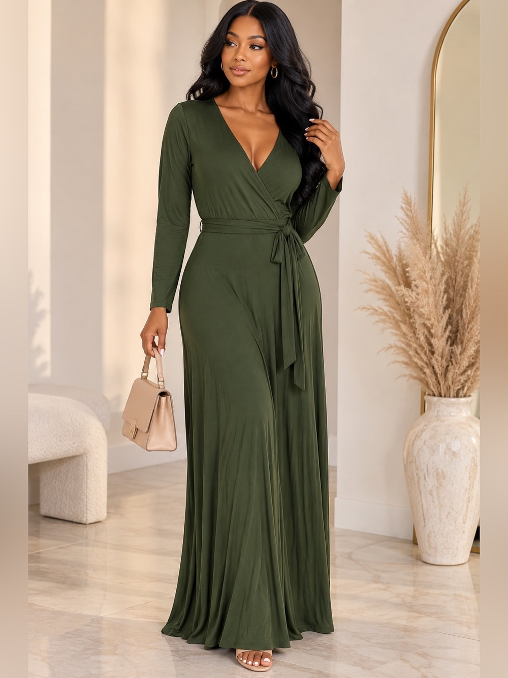 Lulus Olive Green Long Sleeve Wrap Maxi Dress Tie Waist